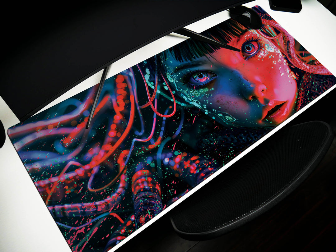 Cybernetic Reverie Design 4, Desk Pad, Mouse Pad, Desk Mat, Neon Depths, Cyber Reflections