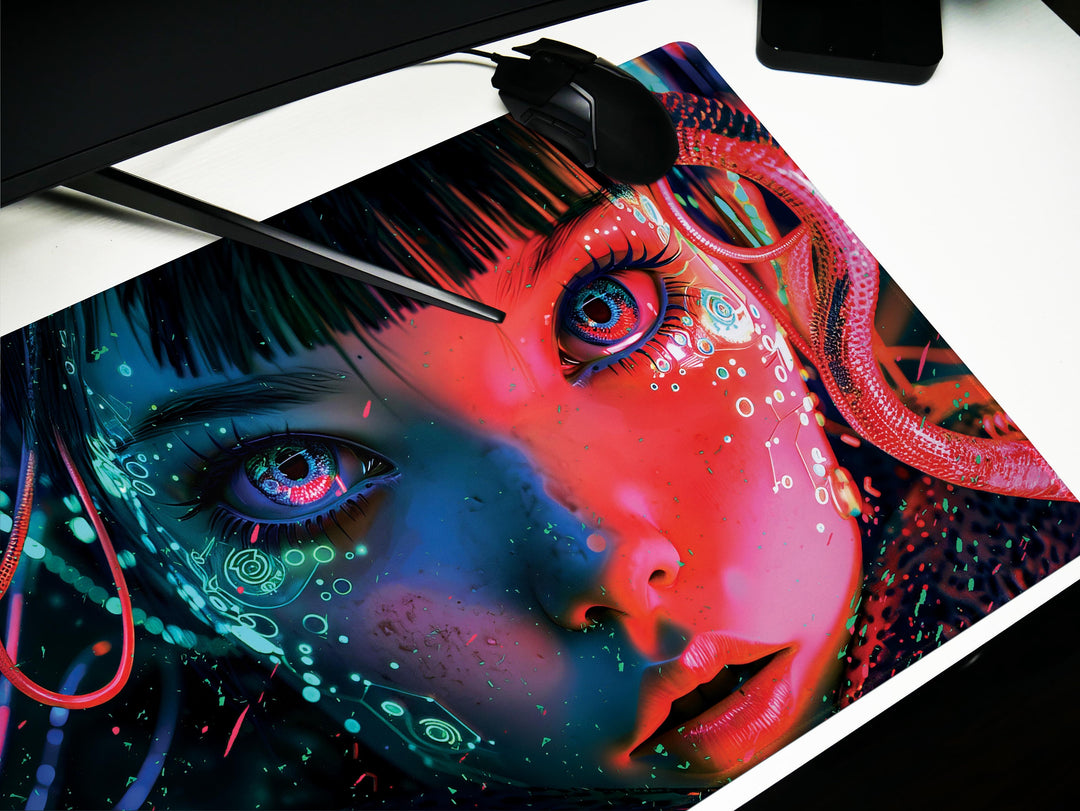 Cybernetic Reverie Design 4, Desk Pad, Mouse Pad, Desk Mat, Neon Depths, Cyber Reflections