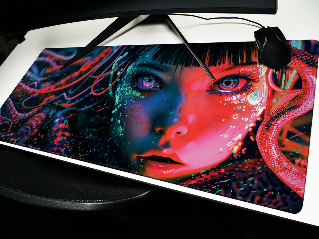 Cybernetic Reverie Design 4, Desk Pad, Mouse Pad, Desk Mat, Neon Depths, Cyber Reflections