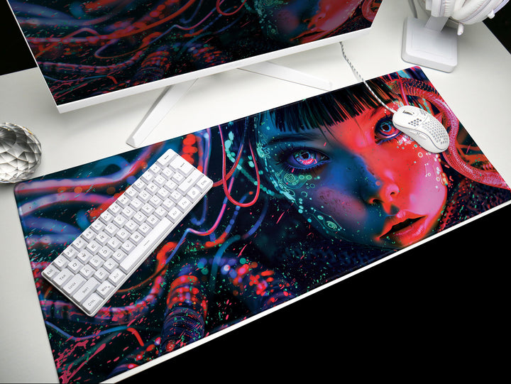 Cybernetic Reverie Design 4, Desk Pad, Mouse Pad, Desk Mat, Neon Depths, Cyber Reflections