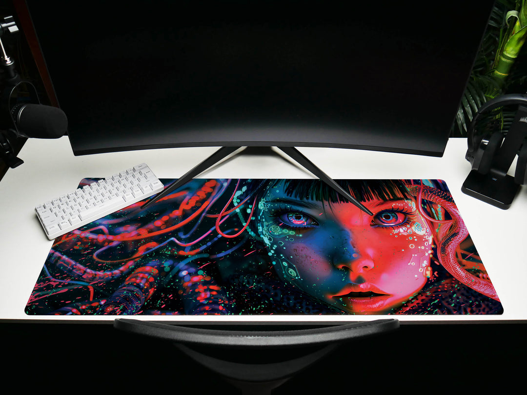 Cybernetic Reverie Design 4, Desk Pad, Mouse Pad, Desk Mat, Neon Depths, Cyber Reflections