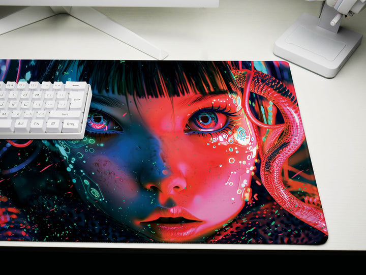 Cybernetic Reverie Design 4, Desk Pad, Mouse Pad, Desk Mat, Neon Depths, Cyber Reflections