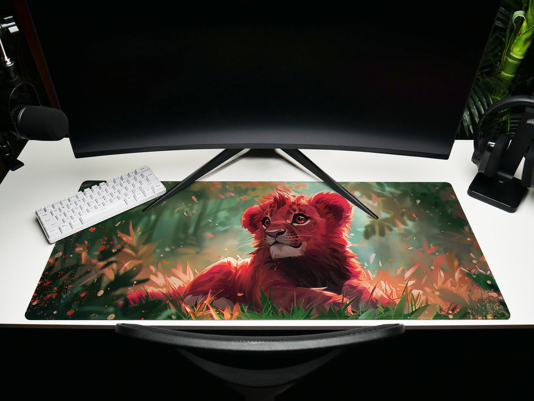 Enchanted Jungle Design 1, Desk Pad, Mouse Pad, Desk Mat, Baby Lion, Vibrant Colors, Forest Scene