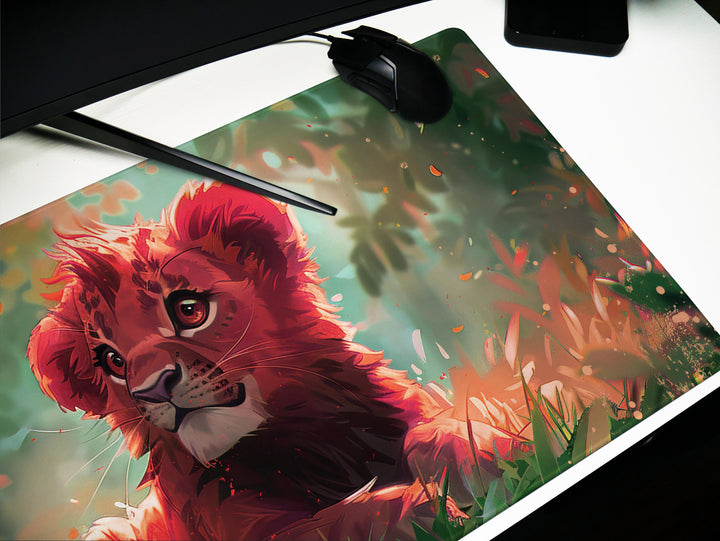 Enchanted Jungle Design 1, Desk Pad, Mouse Pad, Desk Mat, Baby Lion, Vibrant Colors, Forest Scene