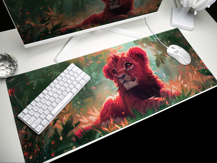 Enchanted Jungle Design 1, Desk Pad, Mouse Pad, Desk Mat, Baby Lion, Vibrant Colors, Forest Scene