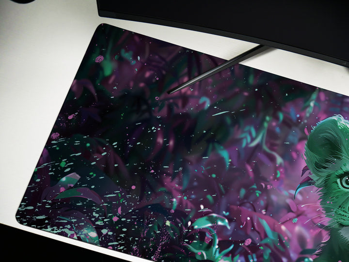 Enchanted Jungle Design 2, Desk Pad, Mouse Pad, Desk Mat, Green Baby Lion, Mystical Forest, Purple Hues