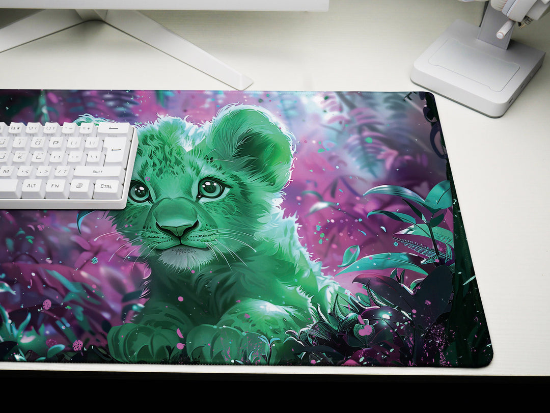 Enchanted Jungle Design 2, Desk Pad, Mouse Pad, Desk Mat, Green Baby Lion, Mystical Forest, Purple Hues