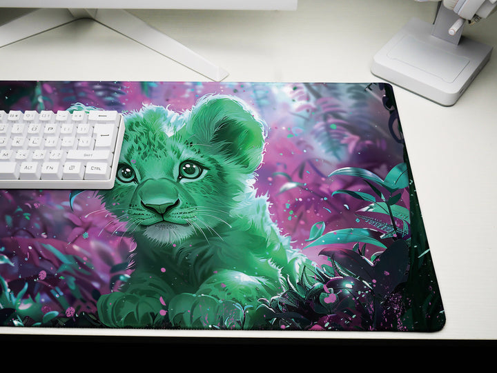 Enchanted Jungle Design 2, Desk Pad, Mouse Pad, Desk Mat, Green Baby Lion, Mystical Forest, Purple Hues