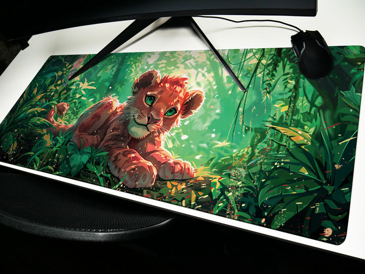 Enchanted Jungle Design 3, Desk Pad, Mouse Pad, Desk Mat, Baby Lion Cub, Lush Greenery, Nature Art