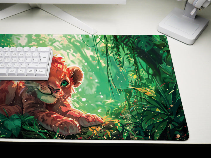Enchanted Jungle Design 3, Desk Pad, Mouse Pad, Desk Mat, Baby Lion Cub, Lush Greenery, Nature Art