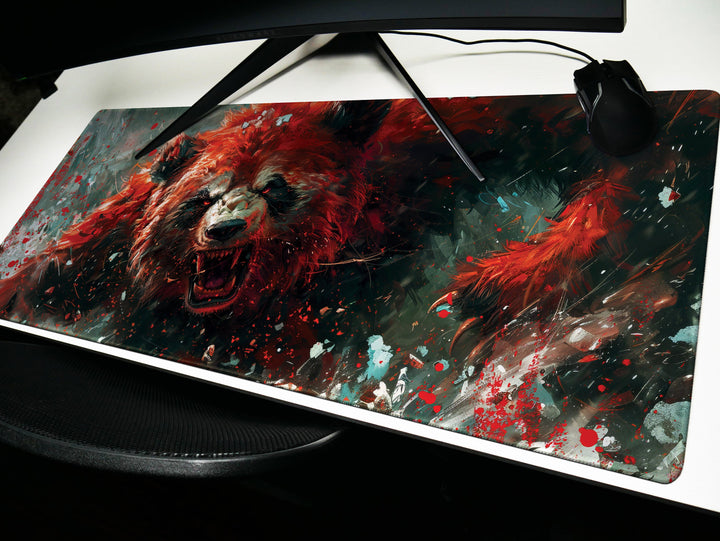 Mighty Bear Guardians Design 2, Desk Pad, Mouse Pad, Desk Mat, Ferocious Bear Charge, Fiery Red Hues, Intense Energy