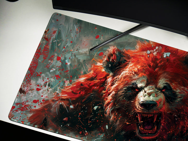 Mighty Bear Guardians Design 2, Desk Pad, Mouse Pad, Desk Mat, Ferocious Bear Charge, Fiery Red Hues, Intense Energy