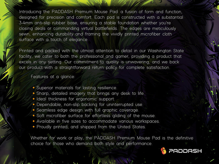 Mighty Bear Guardians Design 3, Desk Pad, Mouse Pad, Desk Mat, Radiant Bear Portrait, Vibrant Green and Purple, Bold Art