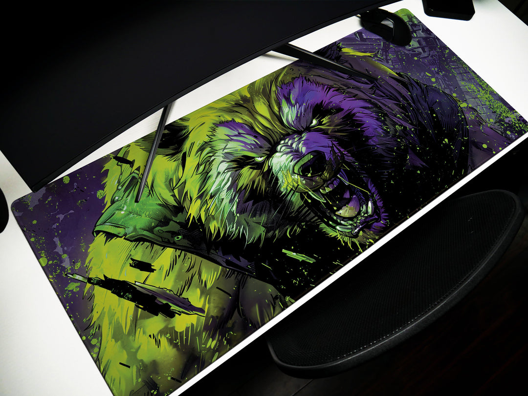 Mighty Bear Guardians Design 3, Desk Pad, Mouse Pad, Desk Mat, Radiant Bear Portrait, Vibrant Green and Purple, Bold Art