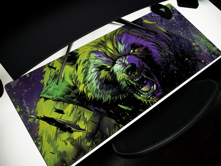 Mighty Bear Guardians Design 3, Desk Pad, Mouse Pad, Desk Mat, Radiant Bear Portrait, Vibrant Green and Purple, Bold Art