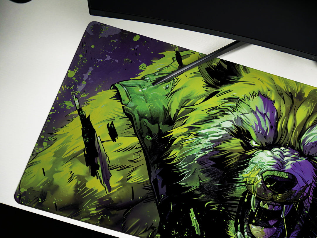 Mighty Bear Guardians Design 3, Desk Pad, Mouse Pad, Desk Mat, Radiant Bear Portrait, Vibrant Green and Purple, Bold Art