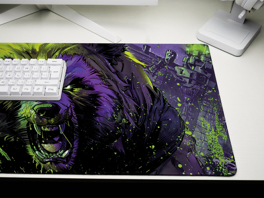 Mighty Bear Guardians Design 3, Desk Pad, Mouse Pad, Desk Mat, Radiant Bear Portrait, Vibrant Green and Purple, Bold Art