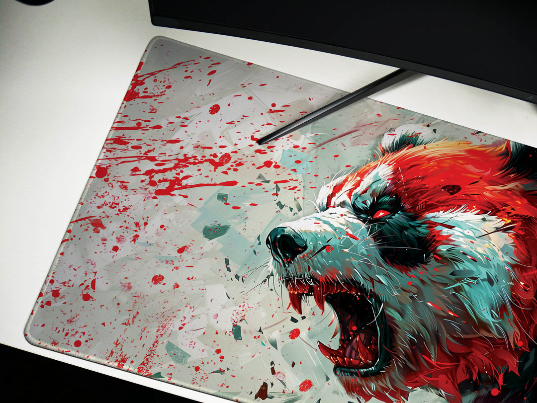 Mighty Bear Guardians Design 4, Desk Pad, Mouse Pad, Desk Mat, Fiery Bear Roar, Explosive Red and White, Dynamic Energy