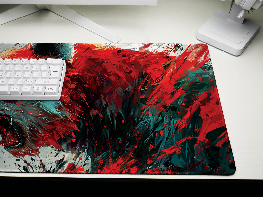 Mighty Bear Guardians Design 4, Desk Pad, Mouse Pad, Desk Mat, Fiery Bear Roar, Explosive Red and White, Dynamic Energy