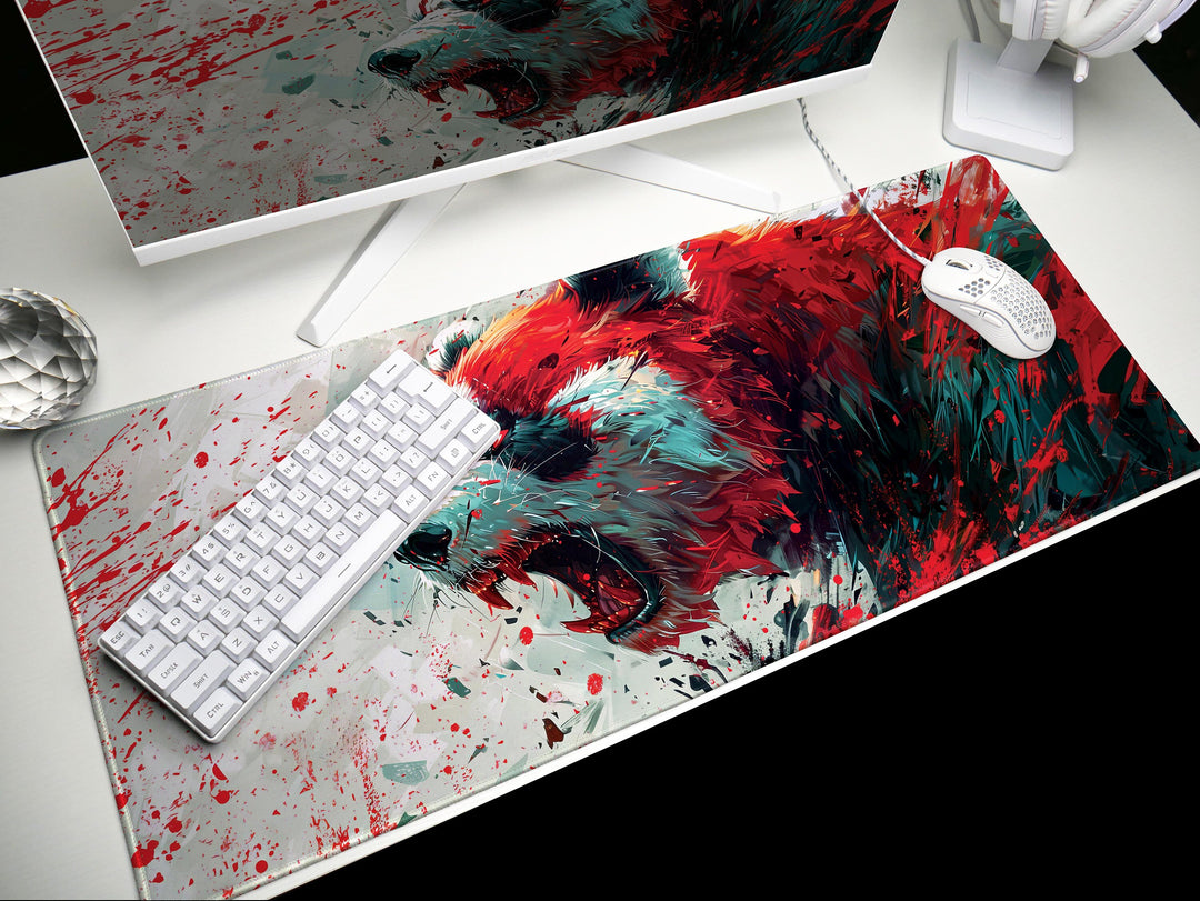 Mighty Bear Guardians Design 4, Desk Pad, Mouse Pad, Desk Mat, Fiery Bear Roar, Explosive Red and White, Dynamic Energy
