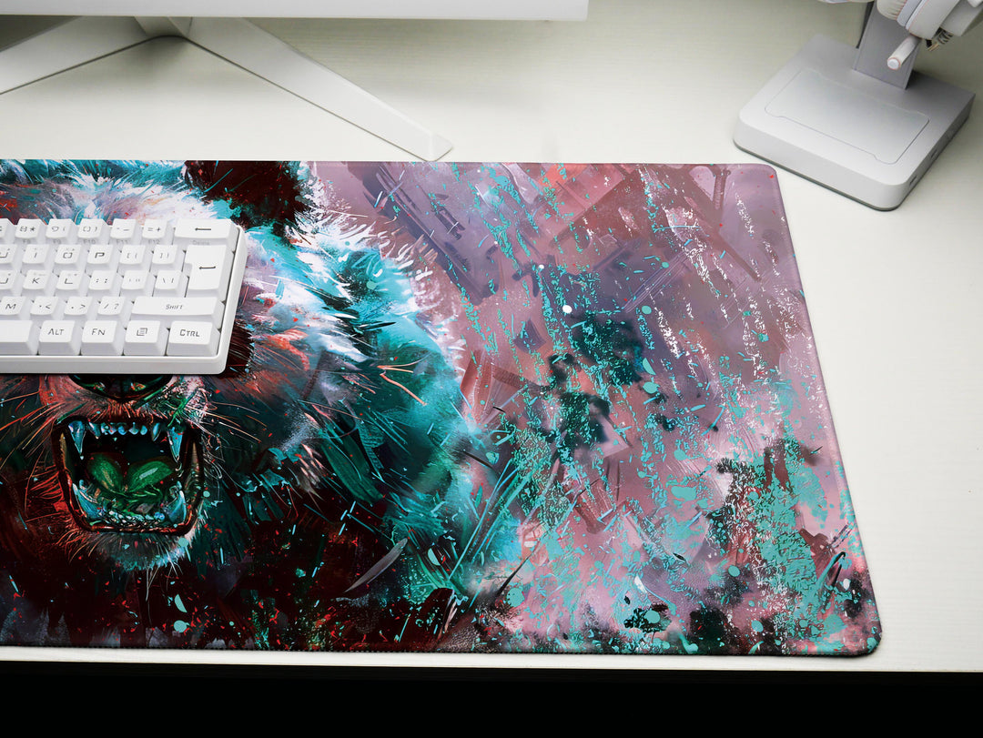 Mighty Bear Guardians Design 5, Desk Pad, Mouse Pad, Desk Mat, Majestic Bear Fury, Vibrant Teal and Red, Powerful Art