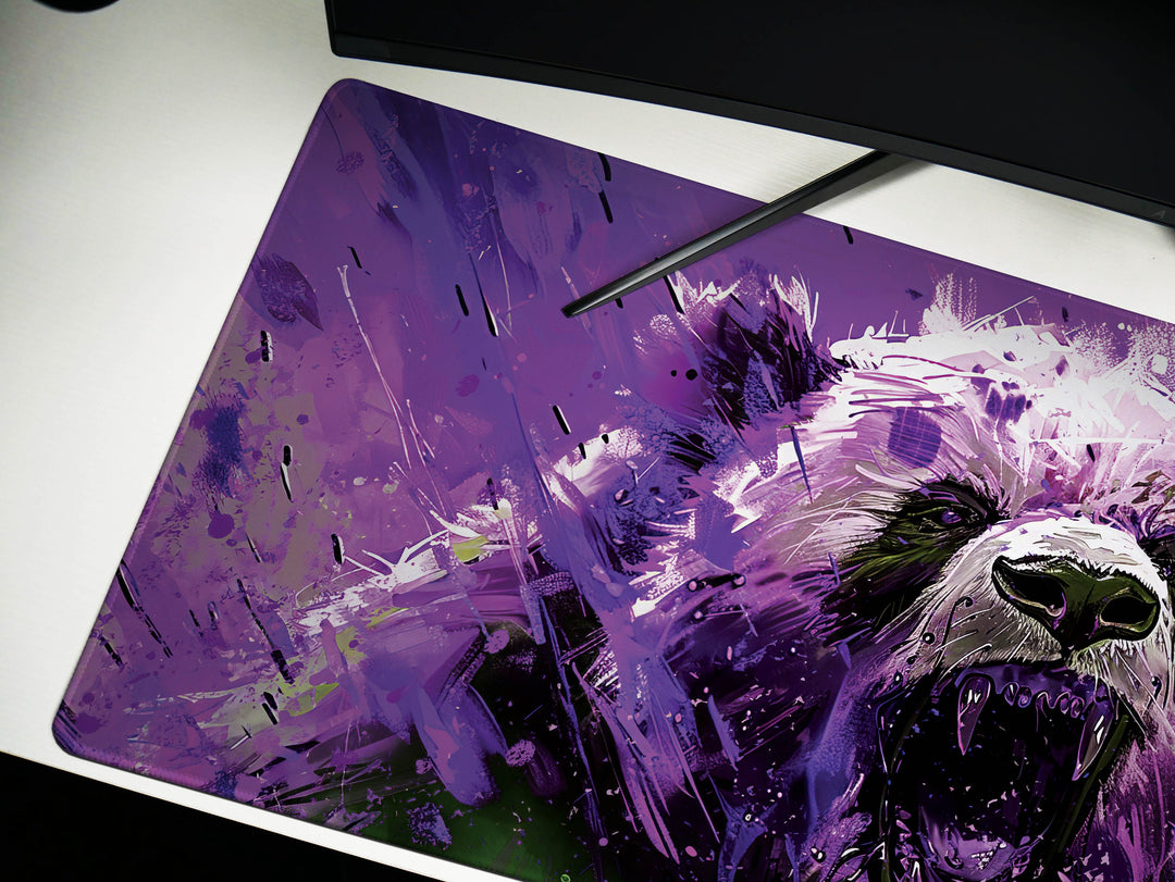 Mighty Bear Guardians Design 6, Desk Pad, Mouse Pad, Desk Mat, Regal Bear Roar, Vibrant Purple Hues, Dynamic Art