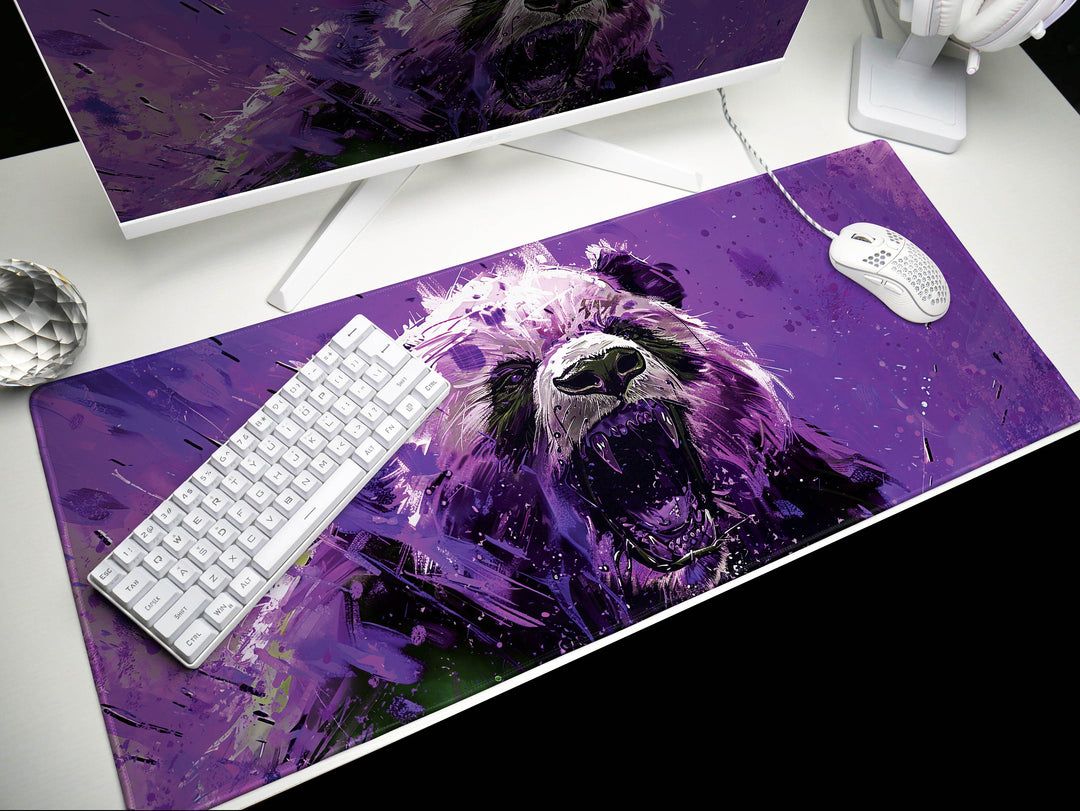Mighty Bear Guardians Design 6, Desk Pad, Mouse Pad, Desk Mat, Regal Bear Roar, Vibrant Purple Hues, Dynamic Art