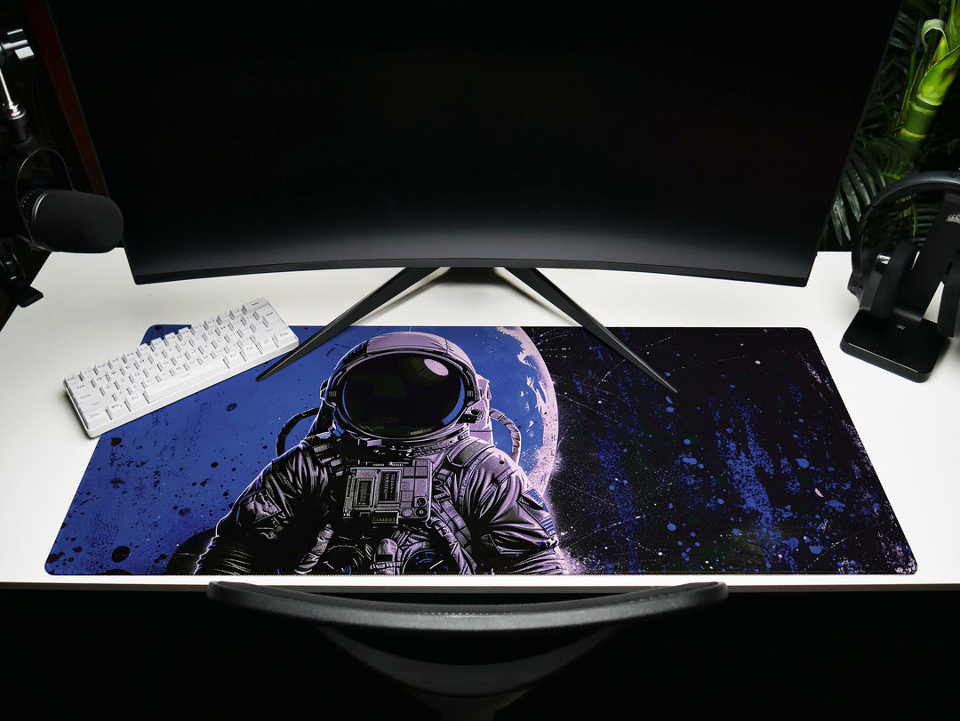 Astronaut in Space, Desk Pad, Mouse Pad, Desk Mat, Celestial Adventure, Cosmic Exploration, Blue and Black Theme