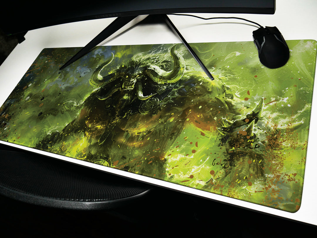 Demonic Inferno Design 1, Desk Pad, Mouse Pad, Desk Mat, Fierce Horned Beast, Vivid Green Flames, Dark Fantasy Art