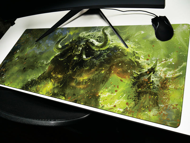 Demonic Inferno Design 1, Desk Pad, Mouse Pad, Desk Mat, Fierce Horned Beast, Vivid Green Flames, Dark Fantasy Art