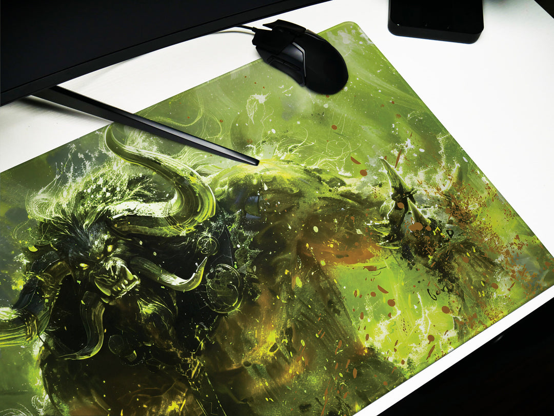 Demonic Inferno Design 1, Desk Pad, Mouse Pad, Desk Mat, Fierce Horned Beast, Vivid Green Flames, Dark Fantasy Art