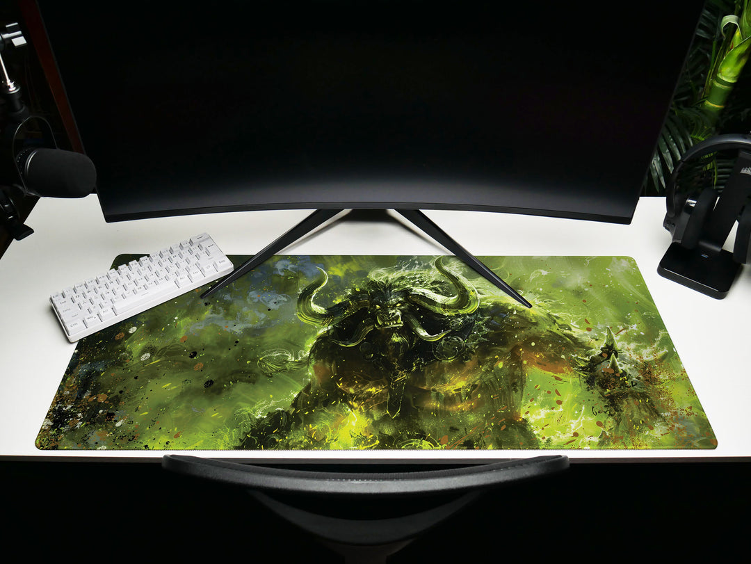 Demonic Inferno Design 1, Desk Pad, Mouse Pad, Desk Mat, Fierce Horned Beast, Vivid Green Flames, Dark Fantasy Art