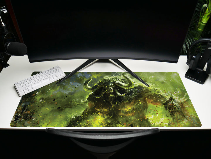Demonic Inferno Design 1, Desk Pad, Mouse Pad, Desk Mat, Fierce Horned Beast, Vivid Green Flames, Dark Fantasy Art