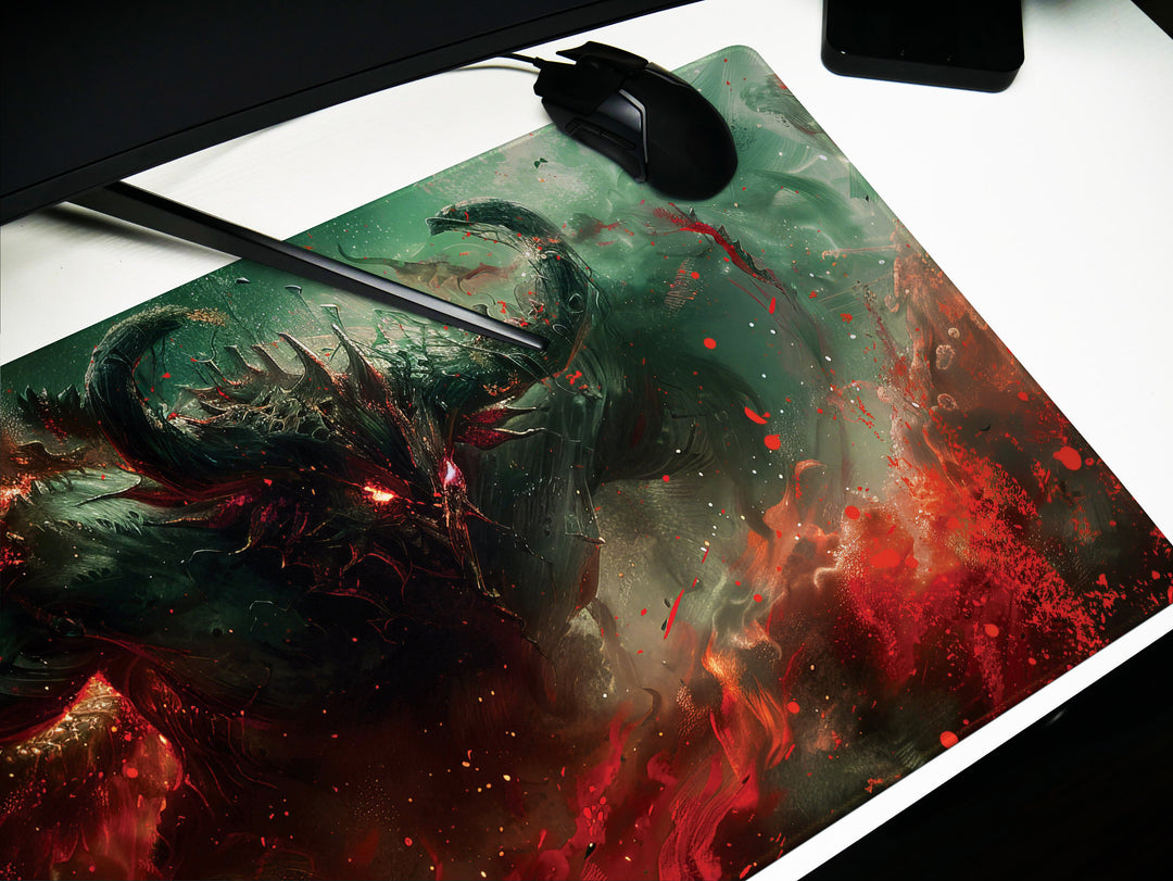 Demonic Inferno Design 2, Desk Pad, Mouse Pad, Desk Mat, Fiery Dark Creature, Red and Green Hues, Fantasy Horror Art
