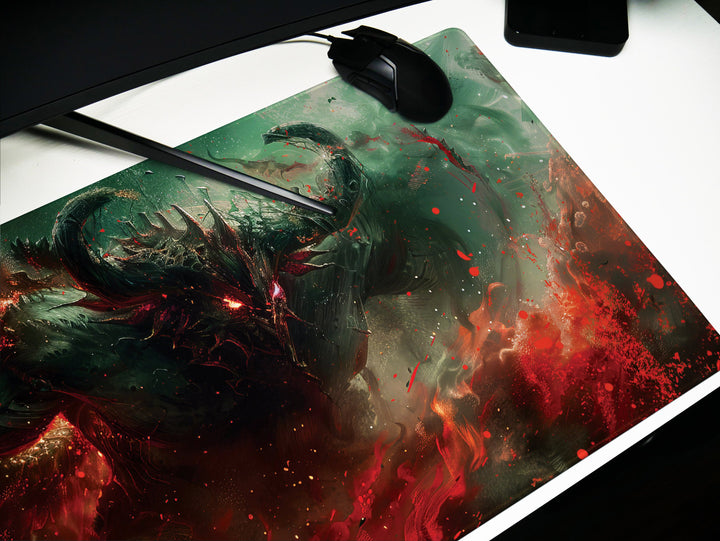Demonic Inferno Design 2, Desk Pad, Mouse Pad, Desk Mat, Fiery Dark Creature, Red and Green Hues, Fantasy Horror Art