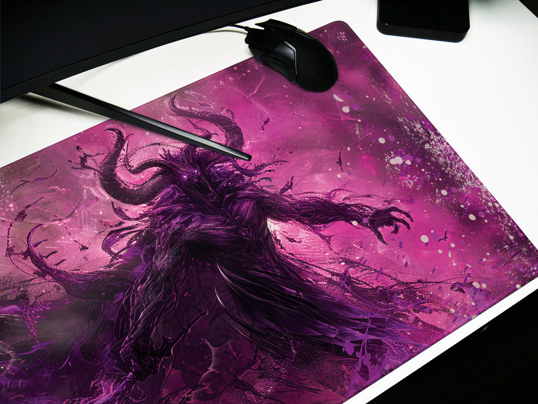 Demonic Inferno Design 3, Desk Pad, Mouse Pad, Desk Mat, Enigmatic Shadow Figure, Purple and Black, Dark Fantasy Illustration