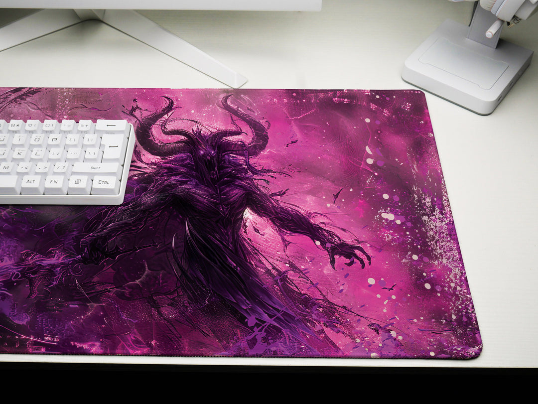 Demonic Inferno Design 3, Desk Pad, Mouse Pad, Desk Mat, Enigmatic Shadow Figure, Purple and Black, Dark Fantasy Illustration