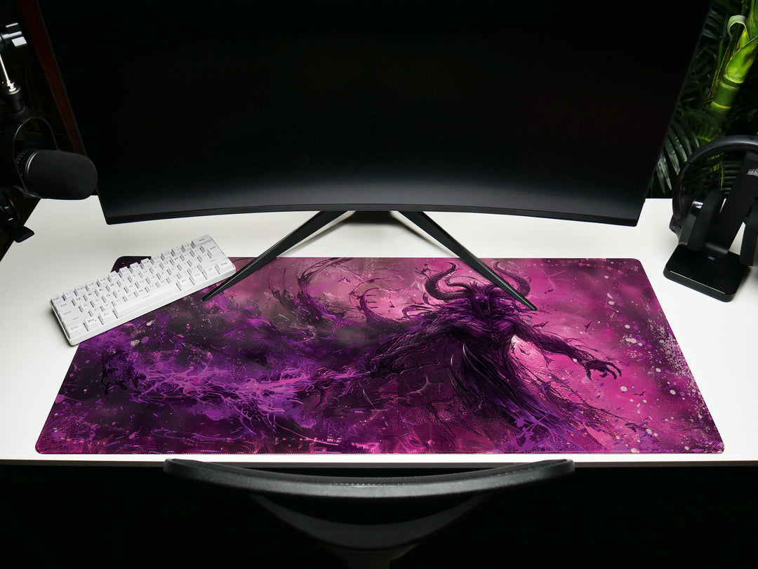 Demonic Inferno Design 3, Desk Pad, Mouse Pad, Desk Mat, Enigmatic Shadow Figure, Purple and Black, Dark Fantasy Illustration
