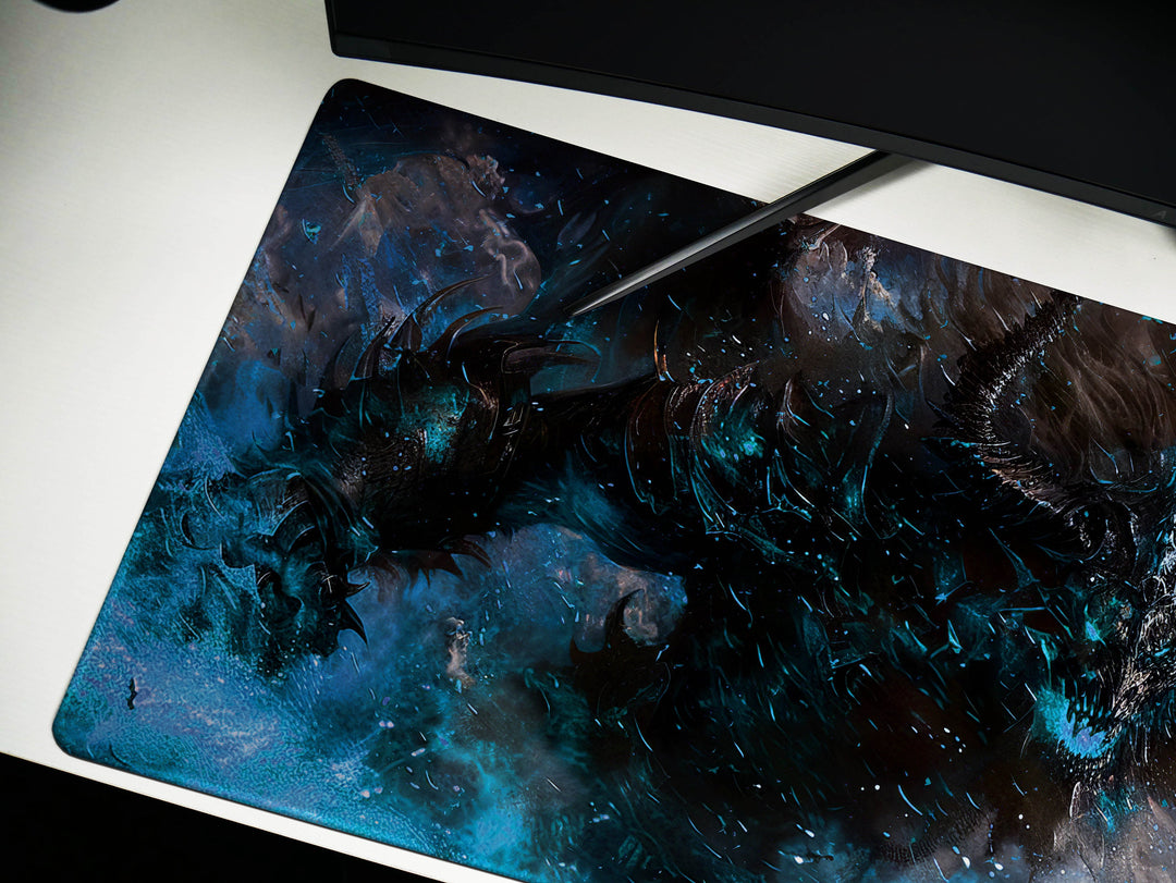 Demonic Inferno Design 4, Desk Pad, Mouse Pad, Desk Mat, Red-Eyed Demon, Teal and Red, Intense Horror Art