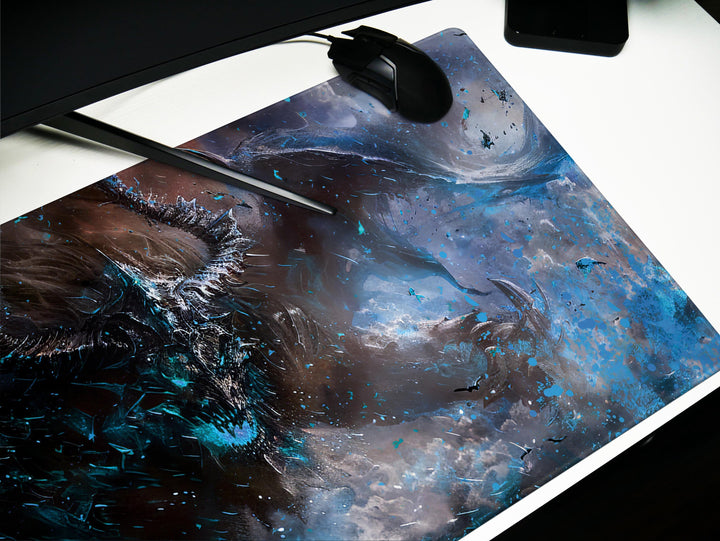 Demonic Inferno Design 4, Desk Pad, Mouse Pad, Desk Mat, Red-Eyed Demon, Teal and Red, Intense Horror Art