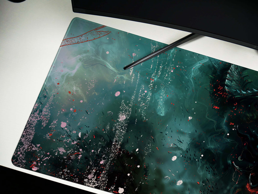 Demonic Inferno Design 5, Desk Pad, Mouse Pad, Desk Mat, Fiery Yellow Demon, Vibrant Hues, Dark Fantasy Scene