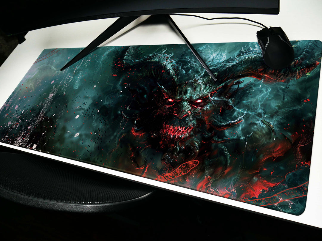 Demonic Inferno Design 5, Desk Pad, Mouse Pad, Desk Mat, Fiery Yellow Demon, Vibrant Hues, Dark Fantasy Scene