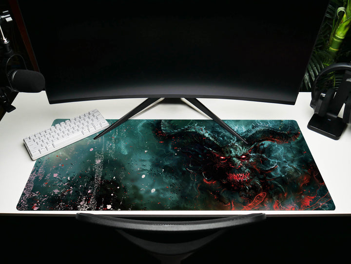 Demonic Inferno Design 5, Desk Pad, Mouse Pad, Desk Mat, Fiery Yellow Demon, Vibrant Hues, Dark Fantasy Scene