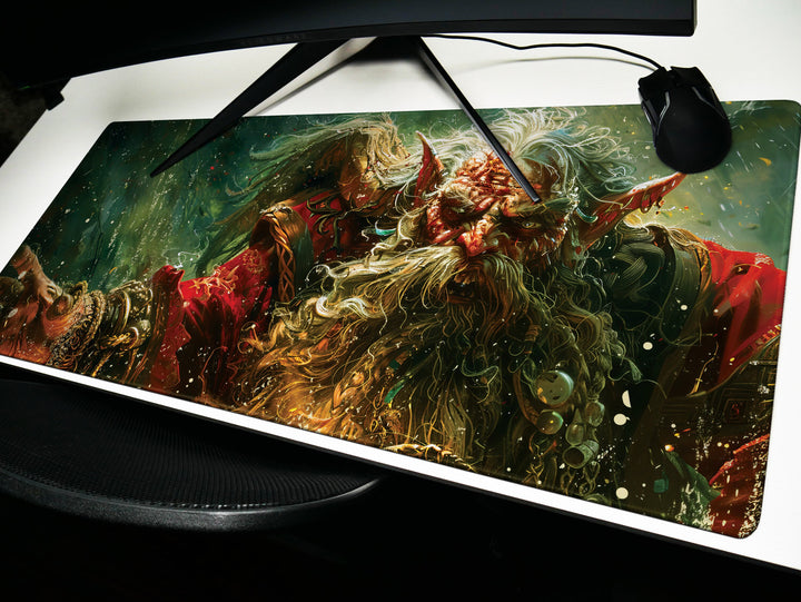 Ancient Forest Shaman, Desk Pad, Mouse Pad, Desk Mat, Elder Elf, Enchanted Woods, Mystical Artwork, Vibrant Red and Green