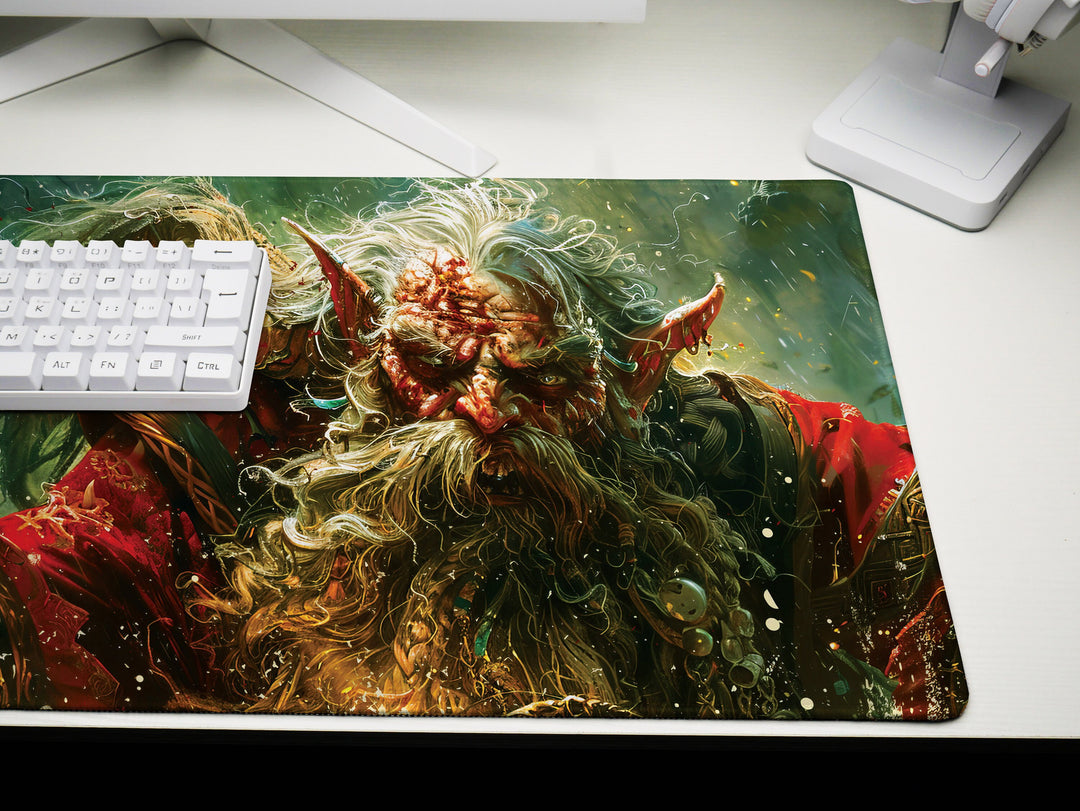 Ancient Forest Shaman, Desk Pad, Mouse Pad, Desk Mat, Elder Elf, Enchanted Woods, Mystical Artwork, Vibrant Red and Green