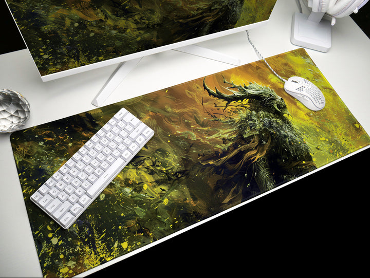 Shadowy Woodland Sentinel, Desk Pad, Mouse Pad, Desk Mat, Mysterious Figure, Golden Yellow and Dark Green, Ethereal Guardian
