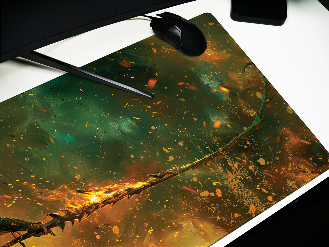 Fiery Battle Mage, Desk Pad, Mouse Pad, Desk Mat, Infernal Warrior, Flaming Spear, Intense Orange and Green, Dynamic Fantasy Art