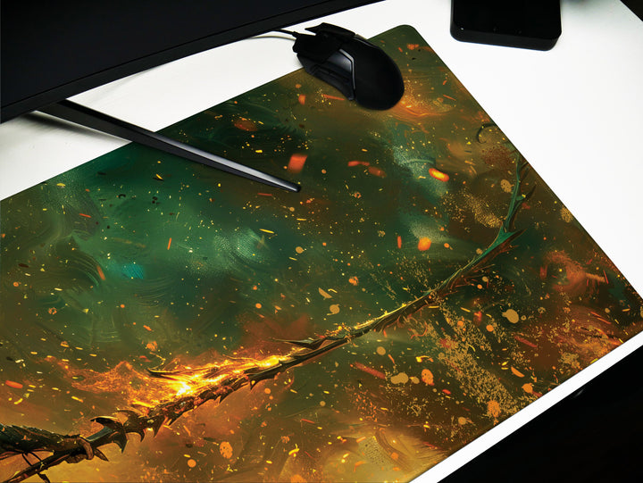 Fiery Battle Mage, Desk Pad, Mouse Pad, Desk Mat, Infernal Warrior, Flaming Spear, Intense Orange and Green, Dynamic Fantasy Art