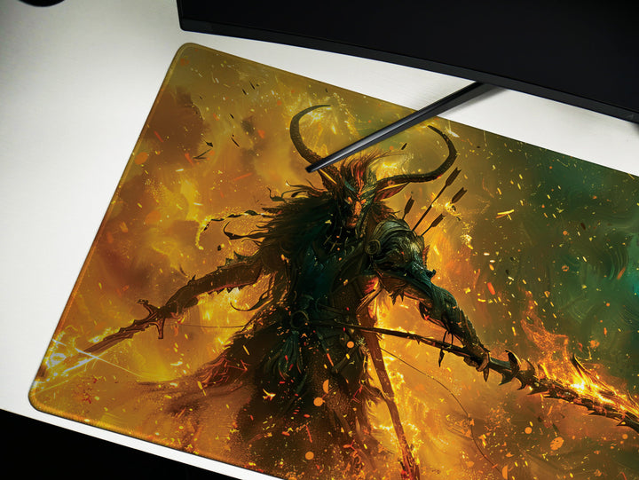 Fiery Battle Mage, Desk Pad, Mouse Pad, Desk Mat, Infernal Warrior, Flaming Spear, Intense Orange and Green, Dynamic Fantasy Art