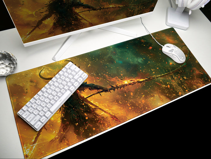 Fiery Battle Mage, Desk Pad, Mouse Pad, Desk Mat, Infernal Warrior, Flaming Spear, Intense Orange and Green, Dynamic Fantasy Art